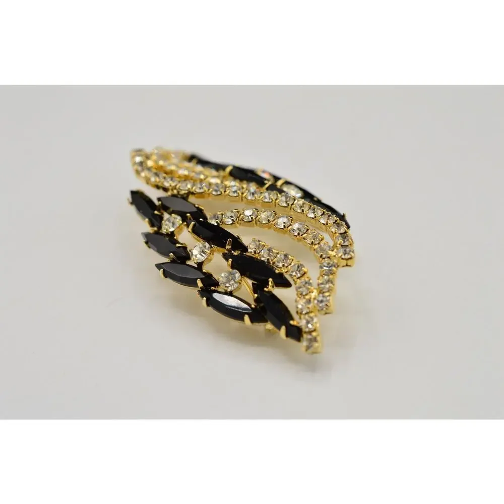 Vintage Prong Crystal Pin Brooch Marquise Rhinestone Black Chunky 1960s BinV